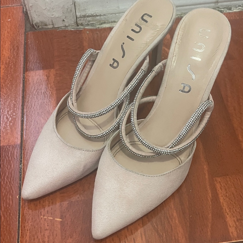 Unisa Light Pink Pointed-Toe Mules with Rhinestone Double Straps